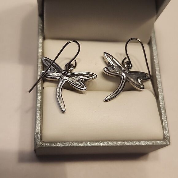 Abalone Dragonfly Earrings Silver Tone Dangle Drop Womens - Picture 3 of 3